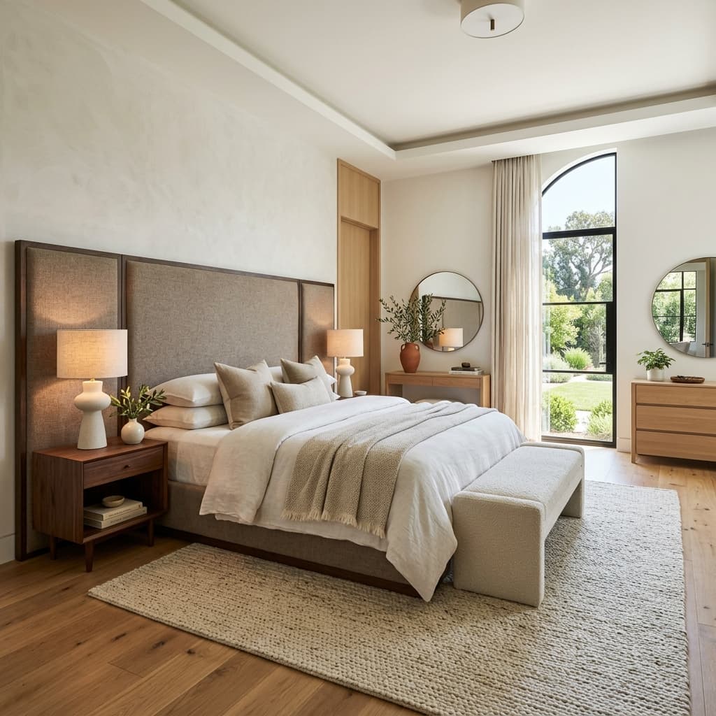 Serene master bedroom staging in warm organic neutrals